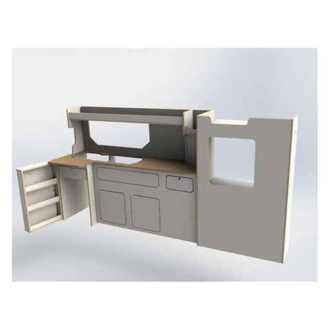 Renault Trafic pre-2014 LWB Campervan Side Kitchen Unit – Fridge Door Cover, 15mm Worktop, Tambour Door – flat pack campervan furniture kit