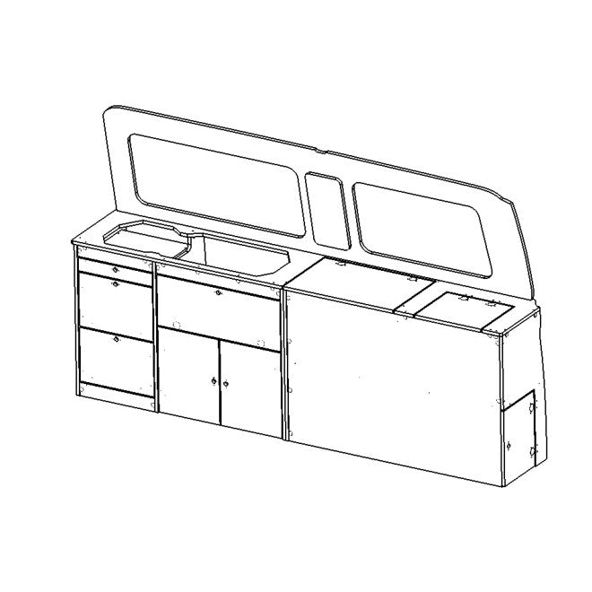 VW Transporter T5 / T6 / T6.1 SWB & LWB Campervan Low-Level Kitchen Unit – Design A – flat pack campervan furniture kit